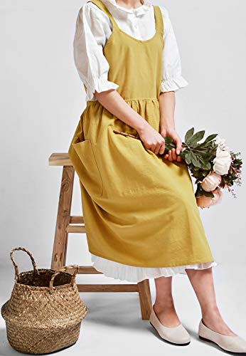 Cotton Linen Cross Back Pinafore Apron with Pockets - Yellow Smock