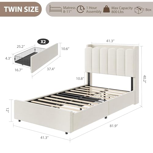 Twin Size Platform Bed Frame with Storage Drawers, LED Headboard & Boucle