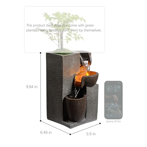 Tabletop Waterfall Fountain with LED Light & Plant Pot - Indoor Desk Decor