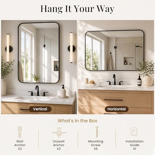 2-Pack 24x36 Inch Matte Black Rounded Rectangle Wall Mirrors, Iron Frame