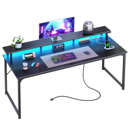55-Inch Gaming Desk with LED Lights, Power Outlets and Monitor Stand