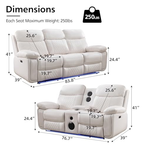 Power Recliner Sofa Set with Wireless Charger, LED Lights & Speakers