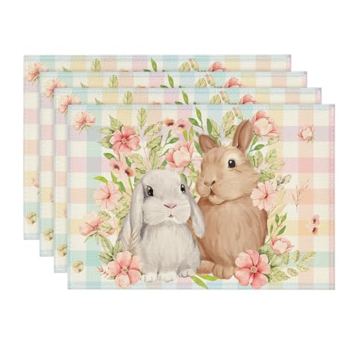 Artoid Mode Bunny Rabbit Flowers Floral Easter Placemat Set 4, 12x18 Inch Spring Table Mats, Pink/Blue