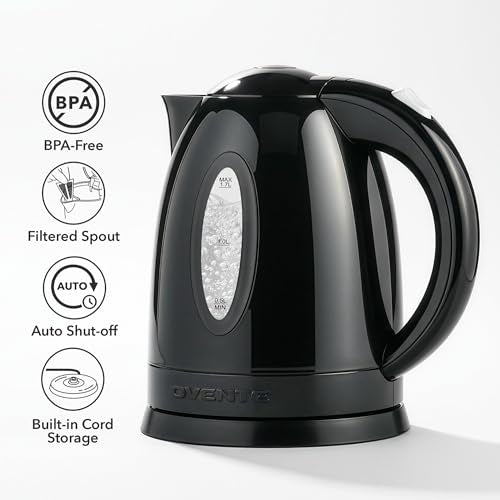 1.7L Fast Boiling Electric Kettle with Auto Shut-Off, 1100W, Black