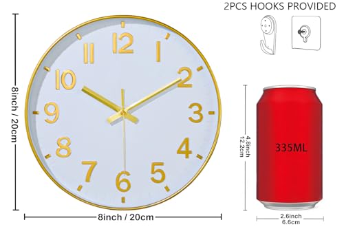 8-Inch Silent Gold Wall Clock, Non-Ticking Minimalist Analog Clock for Home