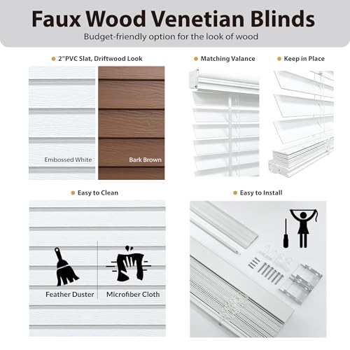 Cordless 2-Inch Faux Wood Blinds - White, 35" W x 60" H