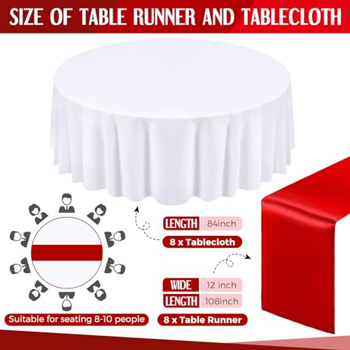 Tudomro 16 Pcs White & Red Round Tablecloth and Satin Runner Set - 84in Tablecloths & 108x12in Runners
