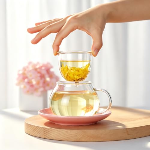 Rain Shops Orange Mushroom Tea Cup Set with Infuser & Saucer - Cute Glass Tea Mug for Loose Leaf Tea & Coffee