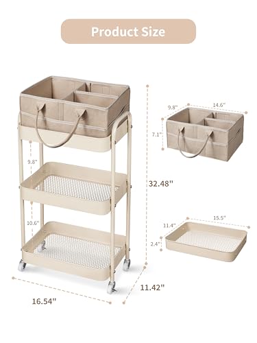 3-Tier Baby Diaper Caddy Rolling Cart with Removable Dividers, Taupe