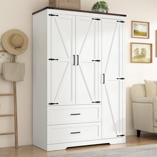 Farmhouse Wooden Wardrobe Armoire with 3 Doors and 2 Drawers, 70.1-Inch