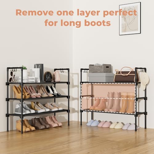 3-Tier Free Standing Shoe Rack Organizer with 5 Side Hooks, Stackable Shelf