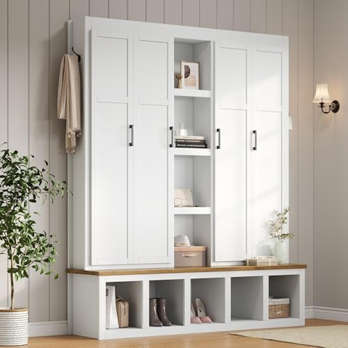 Modern Farmhouse Hall Tree with Shoe Storage Bench and 4-in-1 Entryway Cabinet