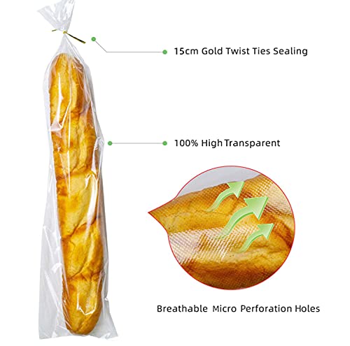 Lesibag 200Pcs 11 x 18 Inch Bottom Gusset Bread Bags with Ties, Clear Plastic Micro Perforated Bags for Homemade Bread and Bakery Loaf Baugette - Thickened, Freezer Safe