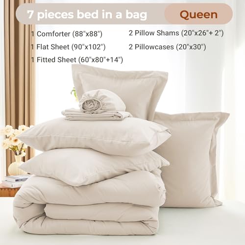 7-Piece Queen Comforter Set - Soft All-Season Bed in a Bag, Beige