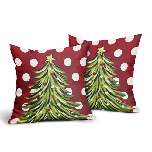 Sivirary 18x18 Inch Red Christmas Pillow Covers Set of 2 Polka Dot Tree Decor