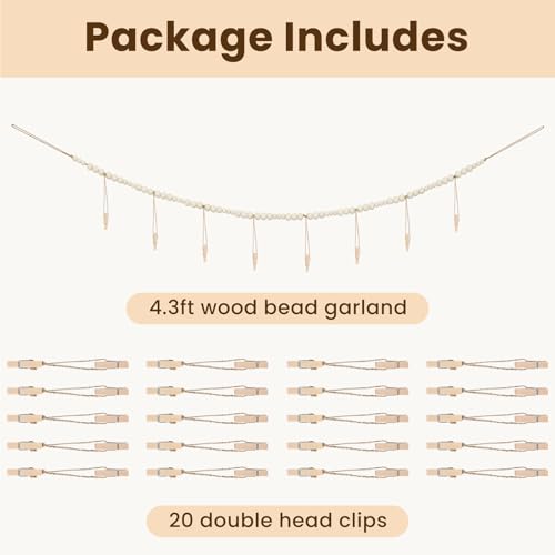 Hanging Photo Display with 28 Wood Clips, Boho Bead Garland Wall Decor