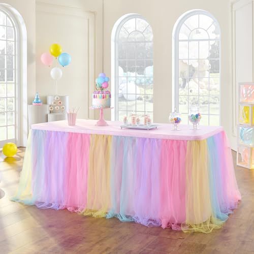 6ft Rainbow Tulle Table Skirt for Rectangle Tables, Pastel Ruffle Tutu Decor