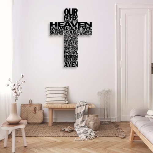 Metal Cross Wall Decor - Rustic Black Christian Prayer Wall Art 14-Inch