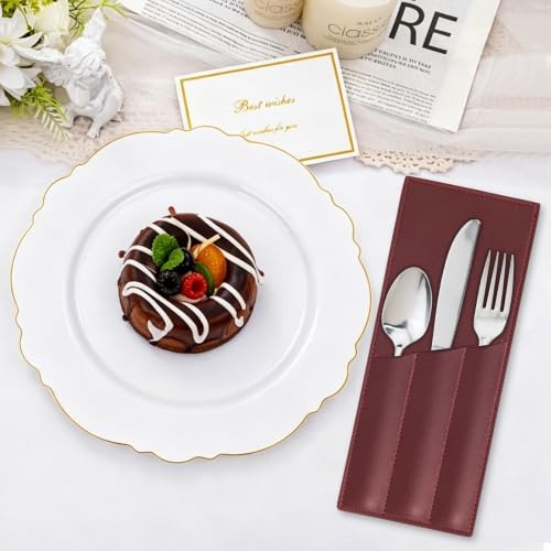 Wine Red Leather Cutlery Sleeve Set - 2 Pcs Utensil Holders for Dining