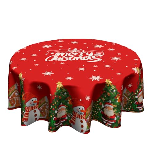 Granbey Merry Christmas Santa Snowman 60in Round Tablecloth – Christmas Snowflakes & Trees
