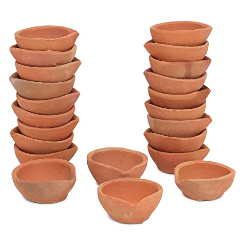 Handmade Terracotta Clay Diyas with Cotton Wicks (24 Pcs) - Diwali Pooja Lamps