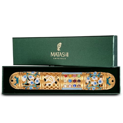 Decorative Enamel Mezuzah Case with Crystals and Gold Accents