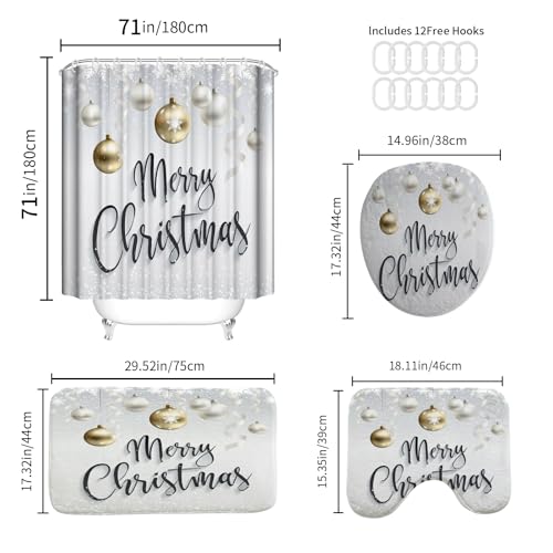 Onalasyc Christmas Bathroom Set with Gold Shower Curtain and Rugs - Festive Home Decor