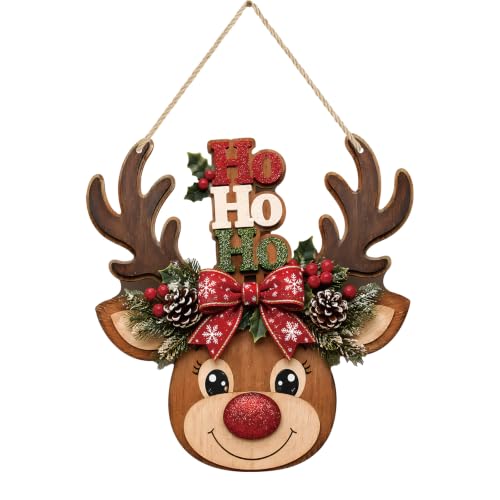 Christmas Reindeer Door Hanging Sign with HO HO HO - Holiday Decor, Rustic Christmas Door Ornament, Reindeer Christmas Decoration - Mokesova