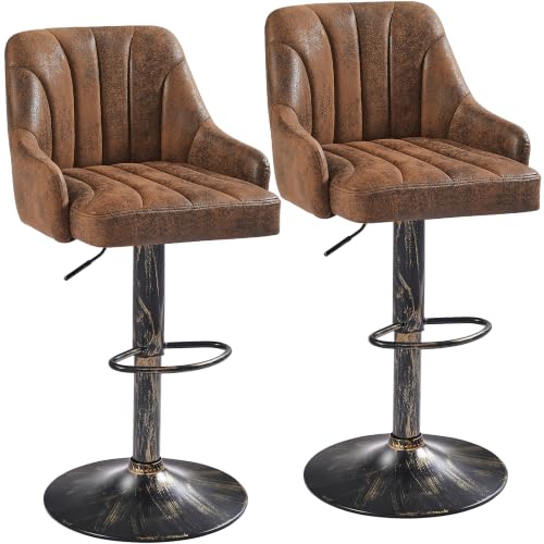 Adjustable Swivel Bar Stools with Back and Arms, Set of 2, Brown PU Leather