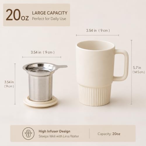 20oz Ceramic Tea Mug with Stainless Steel Infuser - Matte Buttercream