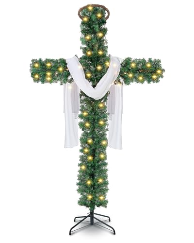 Leyndo 7.2 ft Cross Christmas Tree with Lights Prelit - 100 Light Bulbs, Natural Wooden Ring