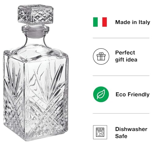 Bormioli Rocco Selecta Decanter, Set of 2 - Starburst Etched Glass with Airtight Diamond Stopper for Whiskey, Brandy & Spirits - 33.75 Oz. Each - Made in Italy, Elegant Barware, Dishwasher Safe
