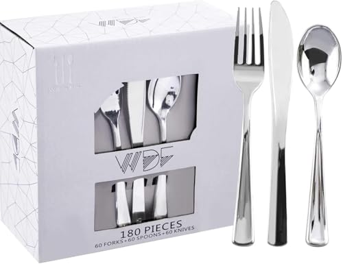WDF 180PCS Silver Plastic Cutlery Set - Heavy Duty Disposable Utensils for Weddings & Holidays