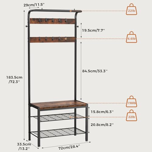 Rustic Hall Tree with Shoe Bench, Lift-Top Storage and 10 Hooks