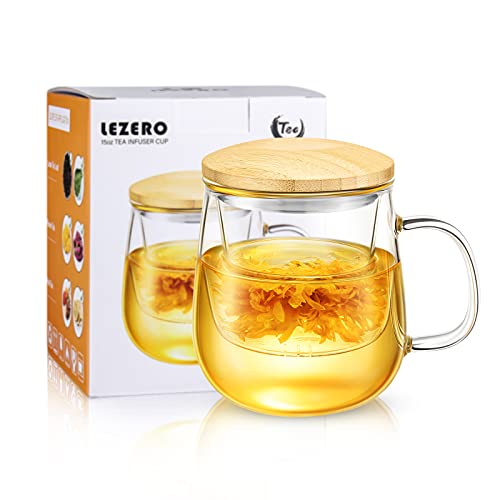 Lezero 15oz Clear Glass Tea Cup with Infuser & Lid - Transparent, Food-Grade Borosilicate Glass