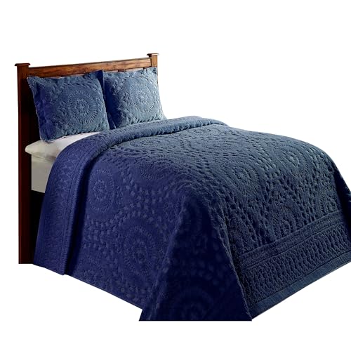 Twin Size Cotton Chenille Bedspread - Navy Medallion Design, 81" x 110"