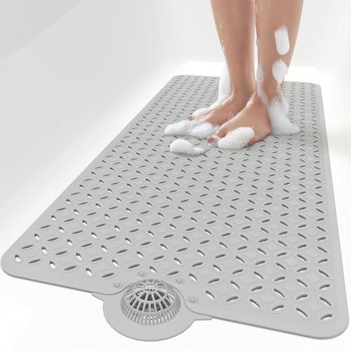 Extra Long Non-Slip Bathtub Mat with Hair Catcher, 39 x 17 Inch Grey
