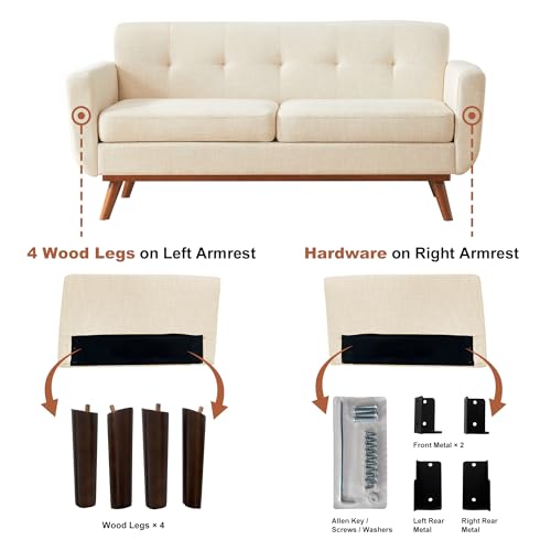 Mid-Century Modern Loveseat Sofa, 65-Inch Upholstered Small Couch, Beige
