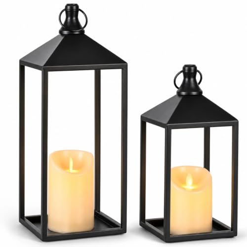 Black Decorative Metal Lanterns Set with Candles - 15" & 11"