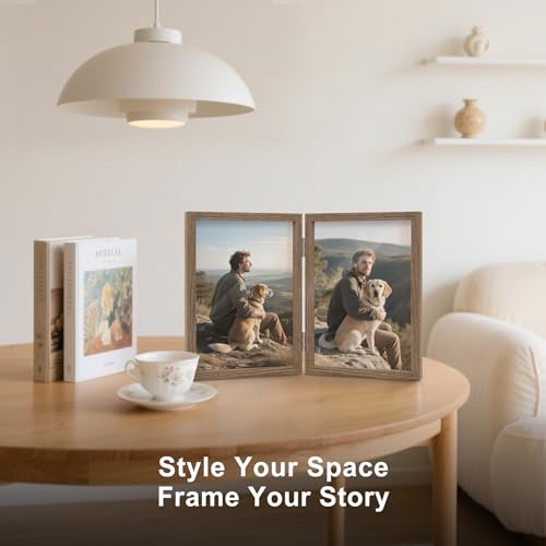 FOREV 4x6 Double Picture Frame - Wooden Hinged MDF Photo Frame (Grain)