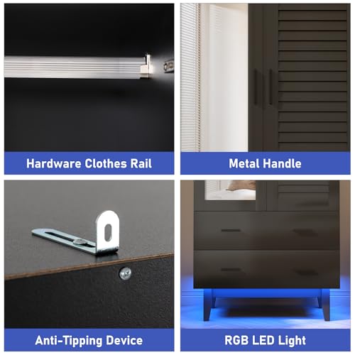 2-Door Wardrobe Armoire with LED Lights, Mirror, Drawers and Shelves