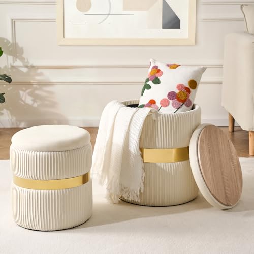 Set of 2 Round Velvet Storage Ottomans with Removable Lids, White