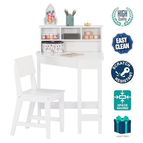 Wooden Kids Corner Desk and Chair Set with Hutch and Bulletin Board