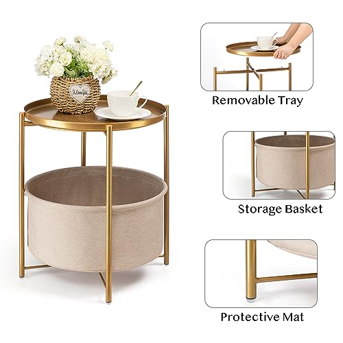 danpinera Gold Side Table with Removable Basket & Tray - Small Round Living Room Nightstand - Variation 1