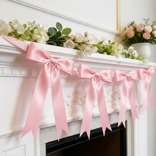 Pink Satin Bow Garland Banner (2 Pack) - Pre-Strung Coquette Room & Party Decor