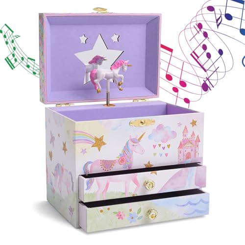 Unicorn Musical Jewelry Box for Girls with Spinning Figurine and Drawers