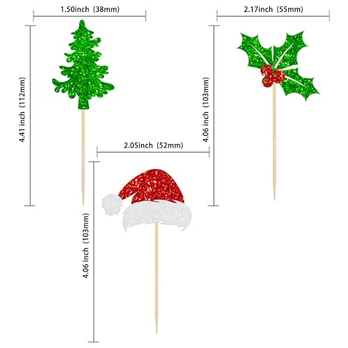 Ephlyn 24Pcs Christmas Santa Hat Cupcake Toppers Multicolor Glitter Holly Leaves Berries – Party Picks