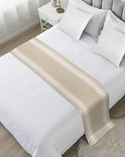Satin Bed Runner for Queen Size Bed - Beige Striped Bed Scarf (83 x 20 In)