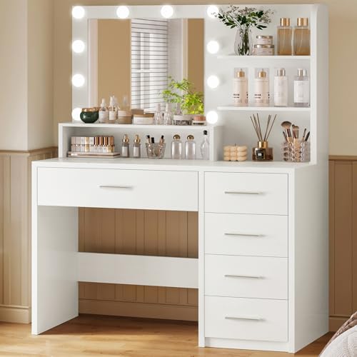 FIONESO White Makeup Vanity Desk with 5 Drawers & LED Lights - Adjustable Brightness & 3 Color Modes