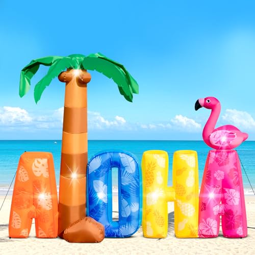 7FT Inflatable Aloha Sign with Palm Tree & Flamingo, LED Luau Party Decor